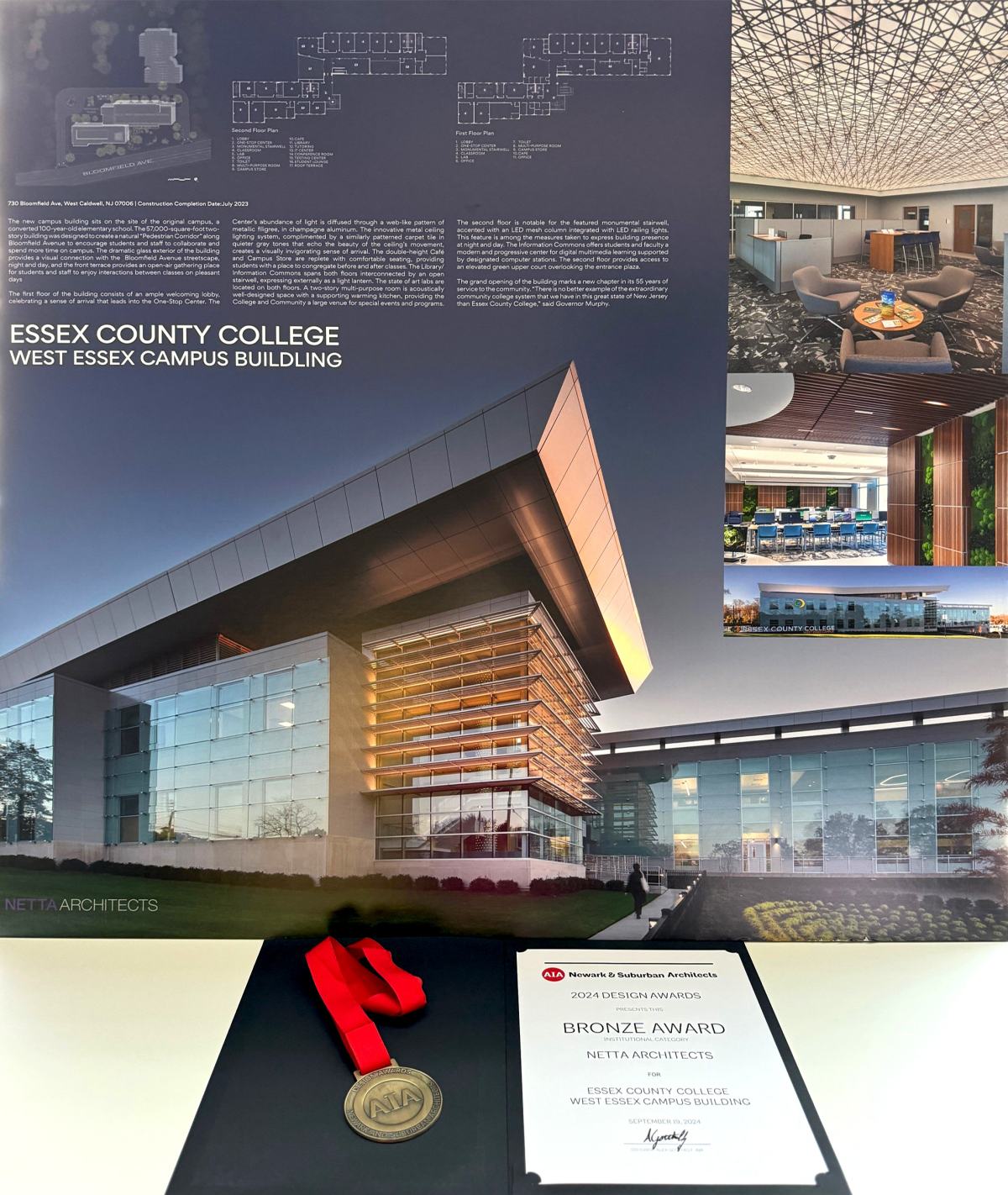 Essex County College West Essex Campus project board and 2024 AIA Newark & Suburban Bronze Award presented to Netta Architects