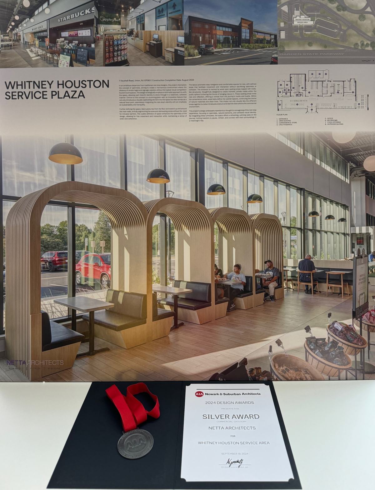 Whitney Houston Service Plaza project board and 2024 AIA Newark & Suburban Silver Award presented to Netta Architects