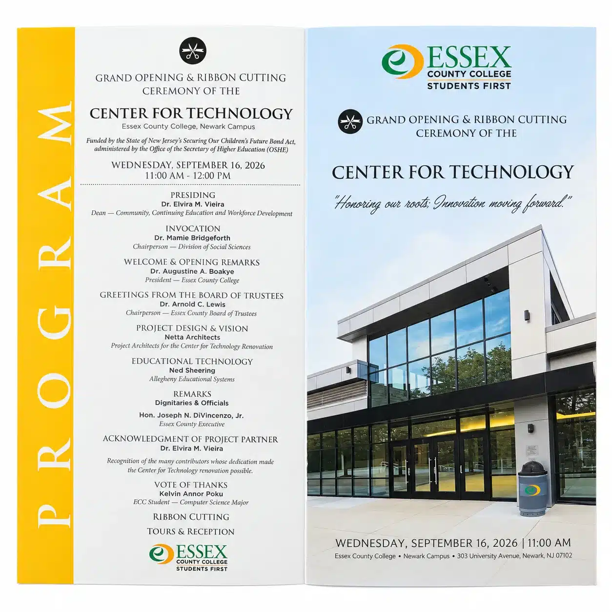 Cleaned two-page ceremony program for Essex County College’s Center for Technology, including the schedule, Netta Architects’ project credit, and building image.